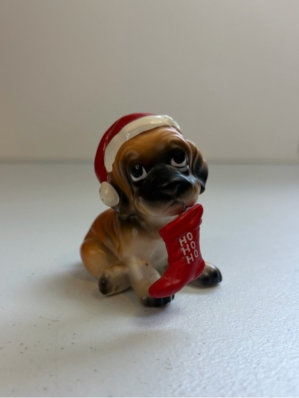 Vintage Enesco Puppy Dog Santa Hat Figurine Christmas Dogs Ceramic Boxer